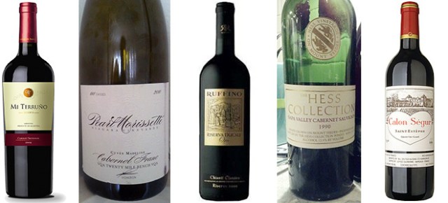 From left: Mi Terruño Reserve Cabernet Sauvignon 2010, Pearl Morissette Cabernet Franc Cuvée Madeline 2010, Ruffino Ducale Oro Riserva Chianti Classico 2008, The Hess Collection Cabernet Sauvignon 1990, and Château Calon Ségur 2010, Ac Saint Estèphe 