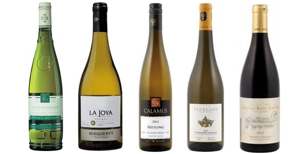 From left to right: Beauvignac Picpoul De Pinet 2013, La Joya Viognier Reserve 2013, Calamus Riesling 2012, Vineland Estates Chardonnay Musqué 2011, Château Saint Estève Massif D'uchaux 2010
