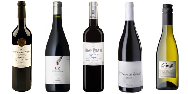 From left to right: Domaine Les Yeuses Les Épices Syrah 2011, Telmo Rodriguez Lz 2012, Cosme Palacio Y Hermanos Reserva 2007, Castro Ventosa El Castro De Valtuille 2010, Sperling Vineyards Sper...Itz 2011  