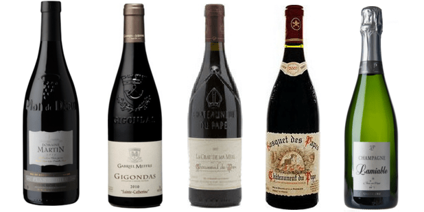 From left to right: Domaine Martin Plan De Dieu Côtes Du Rhône Villages 2011, Gabriel Meffre Sainte Catherine Gigondas 2011, La Crau De Ma Mère Châteauneuf Du Pape 2011, Bosquet Des Papes Cuvée Tradition Châteauneuf Du Pape 2011, Lamiable Brut Grand Cru Champagne