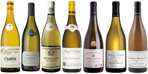 From left to right: Domaine Gautheron Chablis 2012, La Chablisienne Montmains Chablis 1er Cru 2010, Louis Jadot Chardonnay Bourgogne 2013, Joseph Drouhin Mâcon Villages 2012, Château Vitallis Vieilles Vignes Pouilly Fuissé 2010, Château De Beauregard Vers Cras Pouilly Fuissé 2010, Vincent Girardin Vieilles Vignes Chassagne Montrachet 2011 