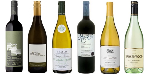From left to right: Creekside Estates Laura’s Red 2010, Nyarai Cellars Viognier 2012, William Fèvre Champs Royaux Chablis 2012, Thirty Bench Red 2011, Smith Madrone Chardonnay 2011, Brokenwood Maxwell Vineyard Semillon 2007