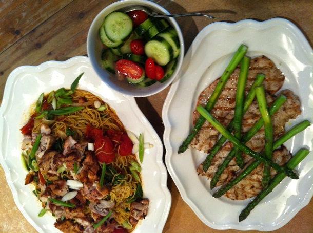 Competition Chicken on Yellow Noodles, Grilled Turkey Paillard, Local Asparagus, Cucumber Tomato Salad