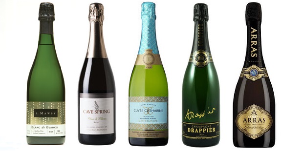 From left to right: L. Mawby Vineyards Blanc de Blanc Chardonnay NV, Cave Spring Blanc De Blancs Brut, Henry Of Pelham Cuvée Catharine Carte Blanche Blanc De Blanc 2008, Drappier Signature Blanc De Blancs Brut Champagne, House of Arras Blanc de Blancs 2004