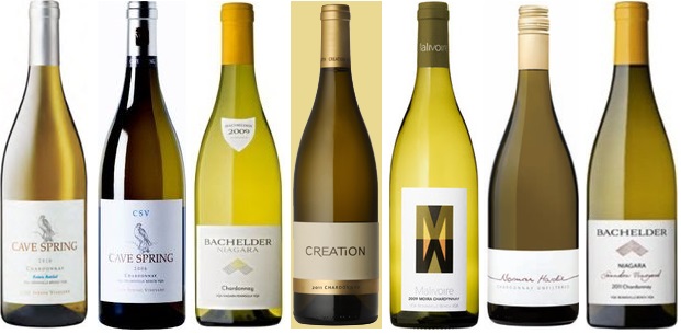 From left to right: Cave Spring Estate Chardonnay 2011, Cave Spring CSV Estate Bottled Chardonnay 2011, Bachelder Niagara Chardonnay 2012, Creation Wines Chardonnay 2011, Malivoire Moira Chardonnay 2010, From left to right: Cave Spring Estate Chardonnay 2011, Cave Spring CSV Estate Bottled Chardonnay 2011, Bachelder Niagara Chardonnay 2012, Creation Wines Chardonnay 2011, Malivoire Moira Chardonnay 2010, Bachelder Saunders Vineyard Chardonnay 2012, Bachelder Saunders Vineyard Chardonnay 2012