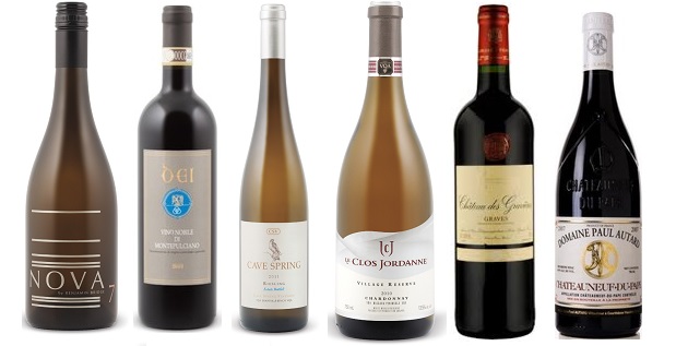 From left to right: Benjamin Bridge Nova 7 2013, Dei Vino Nobile Di Montepulciano 2010, Cave Spring Riesling Csv 2011, Le Clos Jordanne Village Reserve Chardonnay 2011, Château Les Gravières 2010, Paul Autard Châteauneuf Du Pape 2010
