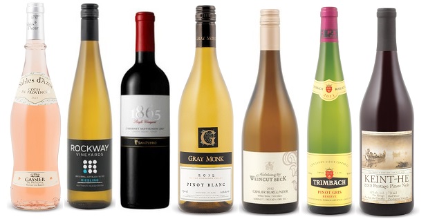 From left to right: Gassier Sables D'azur Rosé 2013, Rockway Small Lot Block 12 150 Riesling 2012, San Pedro 1865 Single Vineyard Cabernet Sauvignon 2011, Gray Monk Pinot Blanc 2012, Hedesheimer Hof Weingut Beck Grauer Burgunder Kabinett Trocken 2012, Trimbach Réserve Pinot Gris 2011, Keint He Portage Pinot Noir 2012