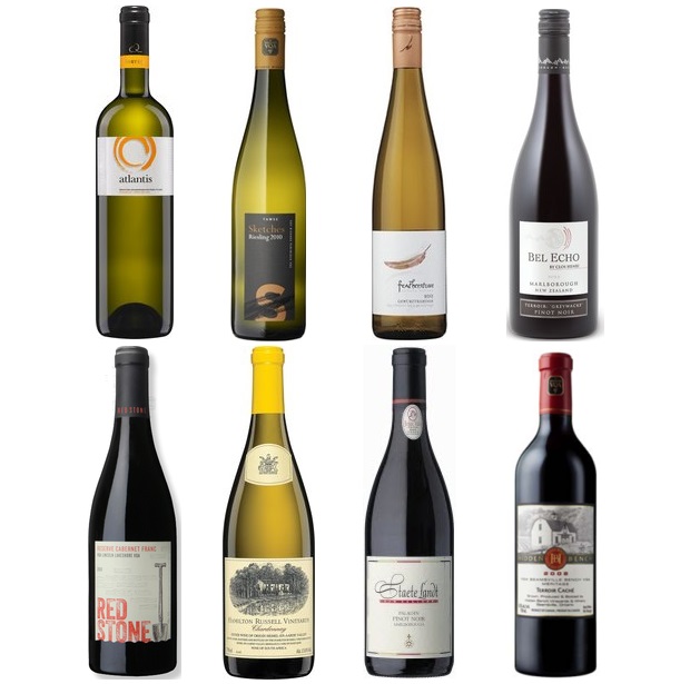 From the left and clockwise: Argyros Atlantis White 2012, Tawse Sketches Of Niagara Riesling 2013, Featherstone Gewürztraminer 2013, Featherstone Gewürztraminer 2013, Redstone Vineyard Reserve Cabernet Franc 2010, Hamilton Russell Chardonnay 2012, Staete Landt Paladin Pinot Noir 2010, Hidden Bench Terroir Caché Meritage 2010