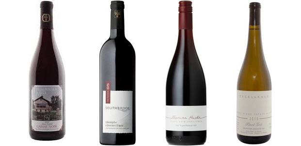 Grange of Prince Edward Trumpour's Mill Gamay Noir 2012, Southbrook Triomphe Cabernet Franc 2012, Norman Hardie Unfiltered Niagara Pinot Noir 2011, Stoney Ridge Estate Excellence Pinot Gris 2010
