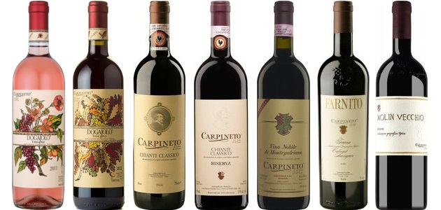 From left to right: Rosato 2013, Dogajolo Rosso 2012, Chianti Classico 2012, Chianti Classico Riserva 2008, Vino Nobile Di Montepulciano Riserva 2007, Farnito Cabernet Sauvignon 2009, Molin Vechio 2004