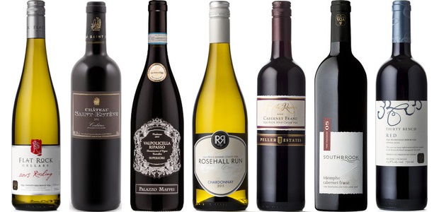 From left to right: Flat Rock Riesling 2013, Château Saint Estève Corbières 2011, Palazzo Maffei Ripasso Valpolicella Superiore 2011, Rosehall Run Cuvée County Chardonnay 2011, Peller Estates Private Reserve Cabernet Franc 2011, Southbrook Triomphe Cabernet Franc 2012, Thirty Bench Red 2012                                      Photos: Jason Dziver