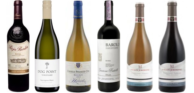 From left to right: Bordón Gran Reserva 2005, Dog Point Vineyard Sauvignon Blanc 2013, Domaine Hamelin Beauroy Chablis 1er Cru 2011, Giacosa Fratelli Bussia Barolo 2009, Giacosa Fratelli Bussia Barolo 2009, Le Clos Jordanne Claystone Terrace Chardonnay 2011, Le Clos Jordanne Claystone Terrace Pinot Noir 2011