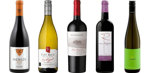 From left to right: Andreza Reserva 2011, Flat Rock Unplugged Chardonnay 2013, Morandé Gran Reserva Cabernet Sauvignon 2011, Château Rigaud 2012, Loimer Grüner Veltliner 2013
