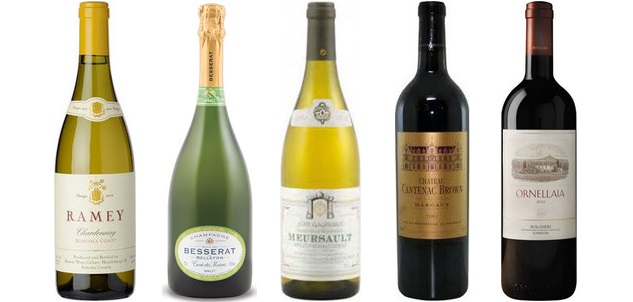 From left to right: Ramey Chardonnay Sonoma Coast 2012, Besserat De Bellefon Cuvée Des Moines Brut Champagne, Jean Gagnerot Meursault 2011, Château Cantenac Brown 2010, Ornellaia 2011