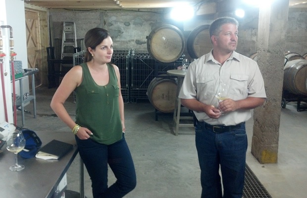 Owners Jocelyn and Mike Lightfoot in the cellar at Lightfoot and Wolfville Vineyards