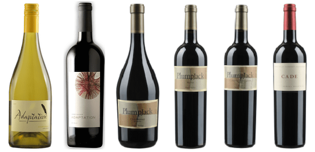 From left to right: Adaptation Chardonnay 2011, Adaptation Cabernet Sauvignon 2012, Plumpjack Chardonnay Reserve 2013, Plumpjack Merlot 2012, Plumpjack Estate Cabernet Sauvignon 2011, Cade Cabernet Sauvignon Howell Mountain 2010