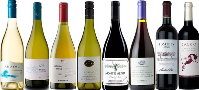 From left to right: Montgras Sauvignon Blanc Amaral 2014, Ventisquero Sauvignon Blanc Kalfu Sampai 2013, Emiliana Signos de Origen White Blend 2013, Via Wines Chardonnay Chilcas Single Vineyard 2013, Montes Alpha Pinot Noir 2012, Errazuriz Aconcagua Costa Single Vineyard Syrah 2012, Santa Rita Cabernet Franc Floresta 2012, Calcu Cabernet Sauvignon 2012