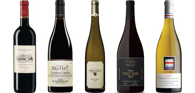 From left to right: Rupert &amp; Rothschild Classique 2011, Domaine De Bila Haut Occultum Lapidem 2012, Marcel Deiss Pinot d'Alsace 2012, Westcott Vineyards Pinot Noir Estate 2012, Closson Chase S. Kocsis Vineyard Chardonnay 2011