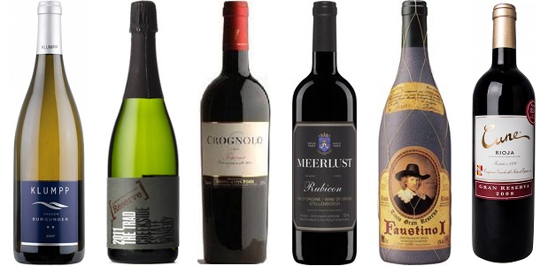 From left to right: Klumpp Pinot Gris 2013, Creekside Estates The Trad Reserve 2011, Meerlust Rubicon 2008, Tenuta Sette Ponti Crognolo 2011, Faustino I Gran Reserva 2001, Cvne Gran Reserva 2008
