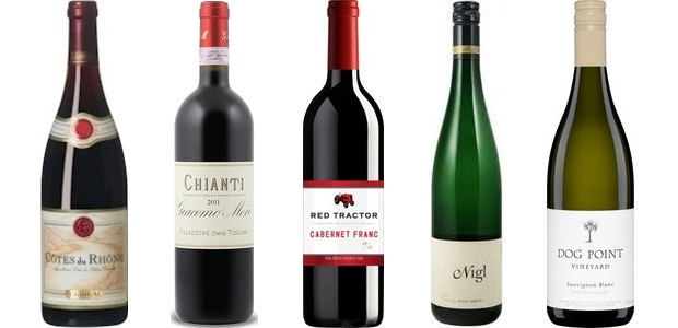 From left to right: E. Guigal Côtes Du Rhône 2011, Giacomo Mori Chianti 2011, Red Tractor Cabernet Franc 2012, Nigl Gartling Grüner Veltliner 2013, Dog Point Vineyard Sauvignon Blanc 2014