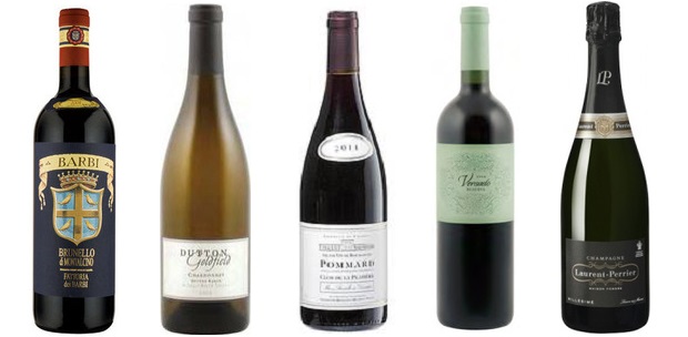 From left to right: Fattoria Dei Barbi Brunello Di Montalcino 2008, Dutton Goldfield Dutton Ranch Chardonnay 2012, Vincent Sauvestre Clos De La Platière Pommard 2012, Versado Malbec Reserva 2010, Laurent Perrier Millésimé Vintage Brut Champagne 2004