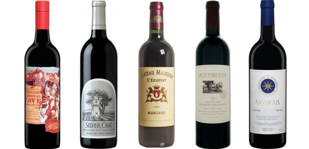 From left to right: Mollydooker Carnival Of Love Shiraz 2010, Silver Oak Napa Valley Cabernet Sauvignon 2009, Château Malescot St. Exupéry 2010, Spottswoode Estate Cabernet Sauvignon 2011, Sassicaia 2011