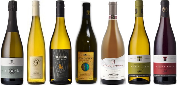 From left to right: Tawse Spark Brut Sparkling 2012, 13th Street June's Vineyard Riesling 2012, Fielding Estate Bottled Chardonnay 2013, Pondview Bella Terra Chardonnay 2011, Le Clos Jordanne Village Reserve Chardonnay 2011, Tawse Chardonnay ‘Lenko Vineyard’ 2011, Tawse Laidlaw Vineyard Pinot Noir 2010