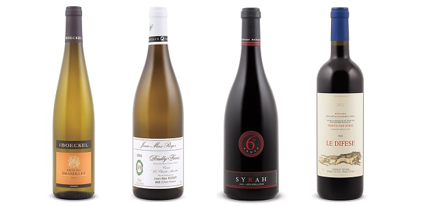 From left to right: Boeckel Brandluft Riesling 2012, Jean Max Roger Cuvée Les Chante Alouettes Pouilly Fumé 201, Michael David 6th Sense Syrah 2012, Tenuta San Guido Le Difese 2012