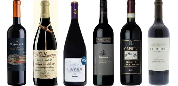 From left to right: Tenuta Rapitala Alto Nero d'Avola 2012, Cantina Zaccagnini 2012, Lavau Rasteau 2012, Wakefield Jaraman Cabernet Sauvignon 2012, Caprili Brunello Di Montalcino 2009, Trinchero Mario's Vineyard Cabernet Sauvignon 2009