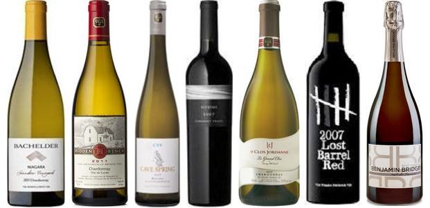 From left to right: Bachelder Saunders Vineyard Chardonnay 2012, Hidden Bench Tête De Cuvée Chardonnay 2011, Cave Spring Cellars Riesling CSV 2003, Stratus Cabernet Sauvignon 2010, Le Clos Jordanne Le Grand Clos Chardonnay 2011, Creekside Estates Lost Barrel Red 2007, Benjamin Bridge Brut Reserve 2008 