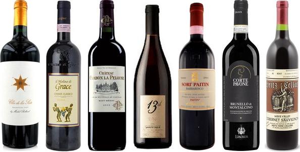 From left to right: Clos De Los Siete 2011, Il Molino Di Grace Chianti Classico Riserva 2006, Château Cambon Le Pelouse 2010, 13th Street Sandstone Old Vines Gamay Noir 2011, Paitin Sori' Paitin Barbaresco 2010, Corte Pavone Brunello Di Montalcino 2008, Heitz Cellar Trailside Vineyard Cabernet Sauvignon 2006