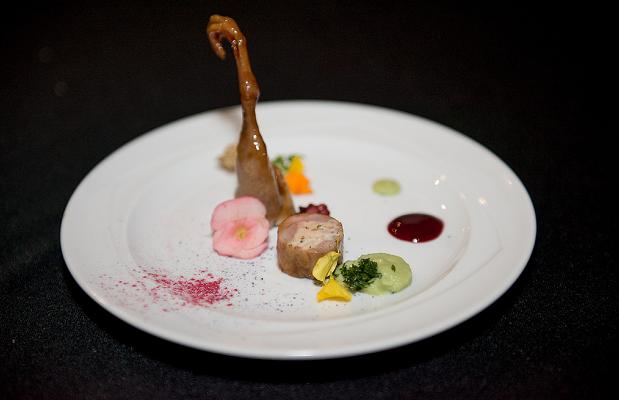 Langdon Hall's Chef Jason Bangerter's Wild Flower & Herb Smoked Game Fowl, Fermented Berry & Celery Root (c) Ronald Ng Photography
