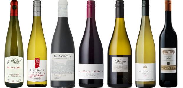 From left to right: Vineland Estates Elevation St. Urban Vineyard Riesling 2012, Flat Rock Nadja’s Vineyard Riesling 2012, Blue Mountain Gamay Noir 2013 , Norman Hardie County Cabernet Franc 2012, Sperling Vineyards Chardonnay 2012, Charles Baker Picone Vineyard Riesling 2012, Pillitteri Estates Family Reserve Merlot 2002