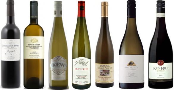 From left to right: Domaine Les Yeuses Les Épice Syrah 2012, Tselepos Classic Moschofilero 2013, Kew Vineyards Old Vine Riesling 2012, Vineland Estates Elevation St. Urban Vineyard Riesling 2012, Henri Ehrhart Gewürztraminer 2012, Mountadam Estate Chardonnay 2009, Red Hill Estate Pinot Noir 2013