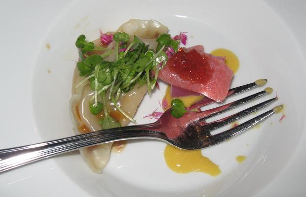The Chase's Chef Michael Steh's Tuna Toro, Foie Gras, Ginger Pork Dumpling and Damsum Plum Sauce (c) Michael Godel