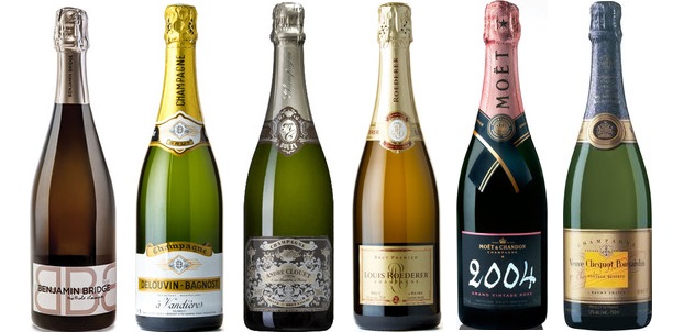 From left to right: Benjamin Bridge Brut Methode Classique 2009, Delouvin Bagnost Brut NV, André Clouet Silver Brut Nature Champagne, Louis Roederer Brut Premier Champagne, Moët & Chandon Grand Vintage Brut Rosé Champagne 2004, Veuve Clicquot Ponsardin Brut Vintage Champagne 2004