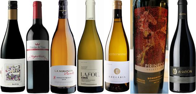 From left to right: Bodegas Tandem Ars Nova 2011, Bodegas Principe de Viana Garnacha Vinas Viejas 2013, Viñas del Vero La Miranda de Secastilla 2012, Lafou Els Amelers 2013, Edetària Selecció Blanc 2012, Bodegas Pirineos Garnacha 2013 and Grandes Vinos y Viñedos El Anayón Selección Garnacha 2011