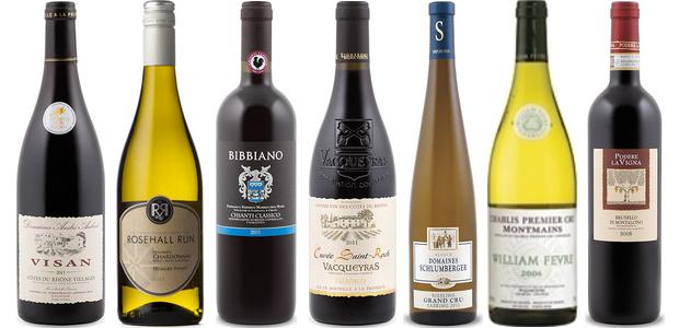 From left to right: Aubert Visan Côtes Du Rhône Villages 2013, Rosehall Run Cuvée Hungry Point Unoaked Chardonnay 2013, Bibbiano Chianti Classico 2011, Vignobles De Balma Vénitia Cuvée Saint Roch Vacqueyras 2011, Domaines Schlumberger Saering Riesling 2011, William Fèvre Chablis Montmains Premier Cru 2012, Podere La Vigna Brunello Di Montalcino 2008