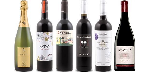 From left to right: Torre Oria Reserva Brut Cava, Dominio Dostares Estay Prieto Picudo 2011, Señorío De Sarría Viñedo No.8 Mazuelo Crianza 2009, Finca Los Alijares Graciano 2009, Baron De Ley Varietales Graciano 2010 and Viñas del Vero Secastilla 2009