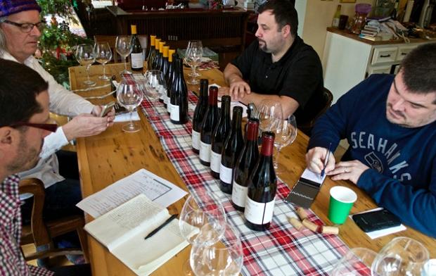 Wine writers hard at work. Clockwise from bottom left. Godello, Rick VanSickle, Evan Saviolidis and Michael Pinkus Photo: (Elene Galey-Pride, www.winestains.ca)