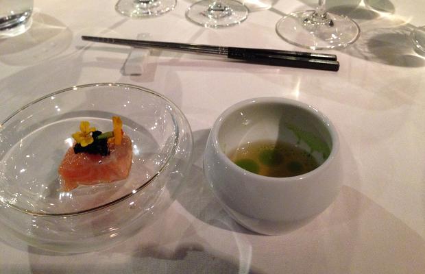 Salmon, skin, consommé