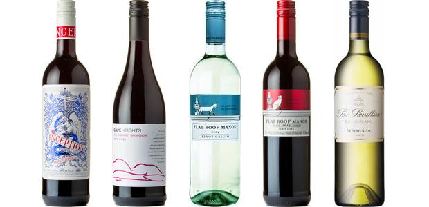 From left to right: Cape Heritage Inception Deep Layered Red 2012, Cape Heights Cabernet Sauvignon 2013, Flat Roof Manor Pinot Grigio 2014, Flat Roof Manor Merlot 2013, Boschendal The Pavillion Chenin Blanc 2014