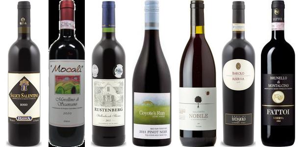 The seven reds from left to right: Resta Salice Salentino 2011, Mocali Morellino Di Scansano 2012, Rustenberg Shiraz 2011, Coyote's Run Red Paw Vineyard Pinot Noir 2012, Salcheto Vino Nobile Di Montepulciano 2011, Beni Di Batasiolo Riserva Barolo 2006, Fattoi Brunello Di Montalcino 2009