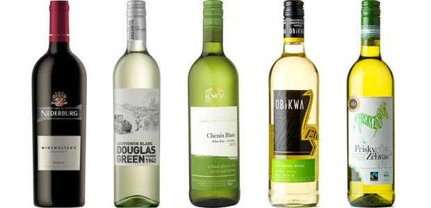 From left to right: Frisky Zebras From left to right: Nederburg Winemaster's Reserve Shiraz 2013, Douglas Green Sauvignon Blanc 2014, K W V Contemporary Collection Chenin Blanc 2014, Obikwa Sauvignon Blanc 2014, Frisky Zebras Sensuous Sauvignon Blanc Sauvignon Blanc