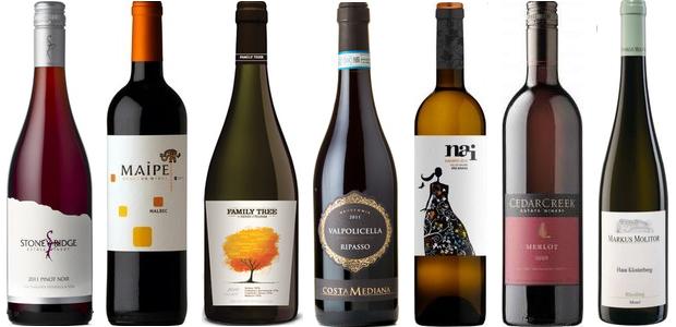 From left to right: Stoney Ridge Pinot Noir 2011, Maipe Malbec 2013, Henry Of Pelham Family Tree Red 2012, Costa Mediana Valpolicella Ripasso 2011, Nai E Senora Albariño 2013, CedarCreek Merlot 2012, Markus Molitor Haus Klosterberg Riesling 2013