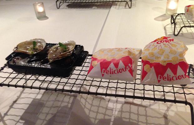 Oysters, popcorn, scallop dust