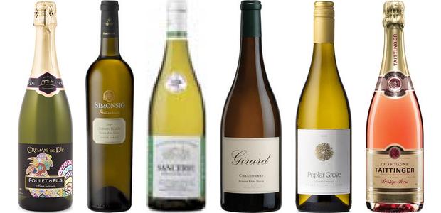 The snow whites from left to right: Poulet Et Fils Brut Crémant De Die, Simonsig Chenin Avec Chêne Chenin Blanc 2012, Domaine De Saint Pierre Sancerre 2013, Girard Chardonnay 2012, Poplar Grove Chardonnay 2012, Taittinger Prestige Brut Rosé Champagne