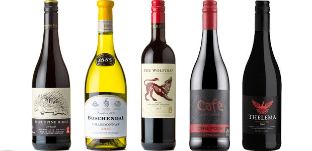 From left to right: Porcupine Ridge Syrah 2013, Boschendal 1685 Chardonnay 2013, The Wolftrap Syrah Mourvedre Viognier 2013, Café Culture Coffee Mocha Pinotage 2014, Thelema Mountain Red 2012