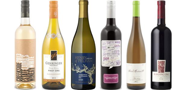 From left to right: Creekside Estates Laura's White 2013, Gehringer Brothers Private Reserve Pinot Gris 2013, Henry Of Pelham Estate Chardonnay 2013, Small Talk Vineyards Recap Syrah 2012, Pearl Morissette Cuvée Black Ball Riesling 2013 and Burrowing Owl Syrah 2011