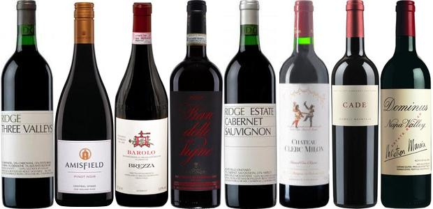 From left to right: Ridge Three Valleys 2012, Amisfield Pinot Noir 2011, Brezza Barolo 2010, Antinori Pian Delle Vigne Brunello Di Montalcino 2009, Ridge Estate Cabernet Sauvignon 2011, Château Clerc Milon 2011, Cade Cabernet Sauvignon 2011 and Dominus 2011